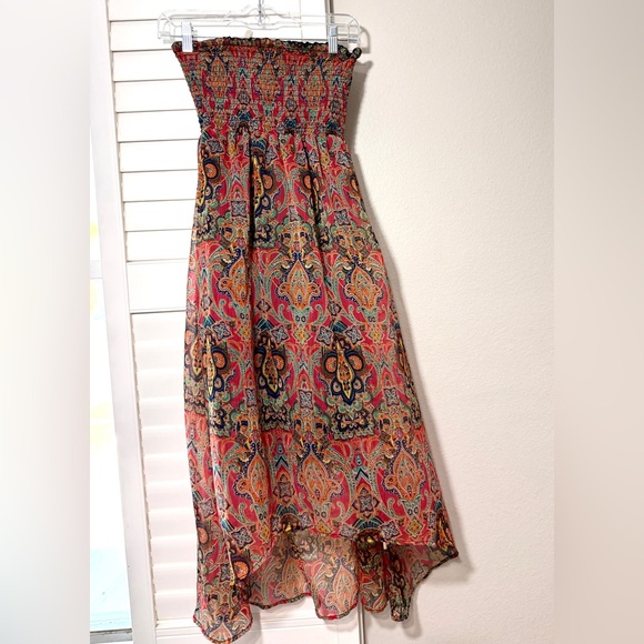 Women’s Strapless Dress Size M Long Maxi Boho Smocked Indie Print Colorful - Picture 6 of 9